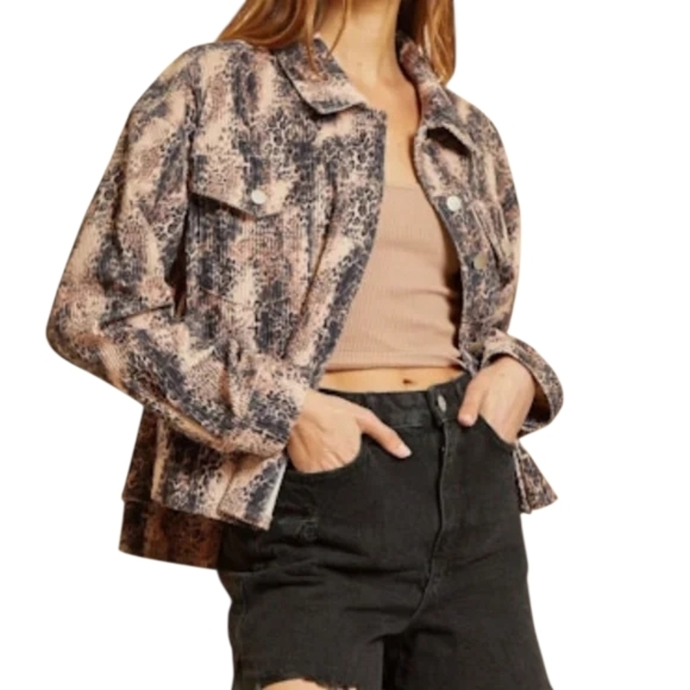 Savanna Jane Pink Snake-Print Denim Jacket with Black Accents